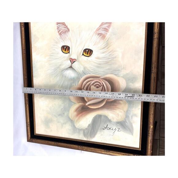 VTG White Cat Oil Painting Signed Original Hand Painted Art Canvas Framed OOAK - Picture 9 of 10